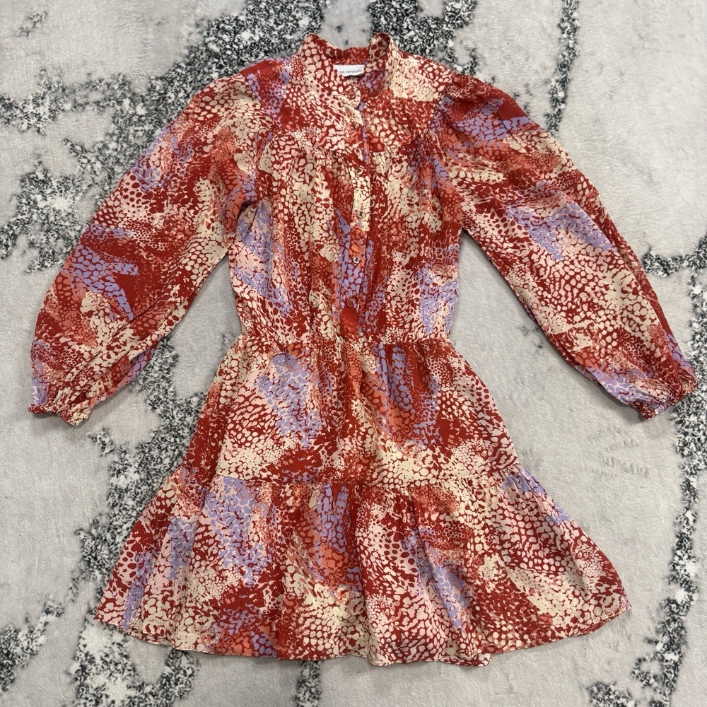 Gilner Farrar Dress Red Floral Abstract Tiered Mini Smocked Waist